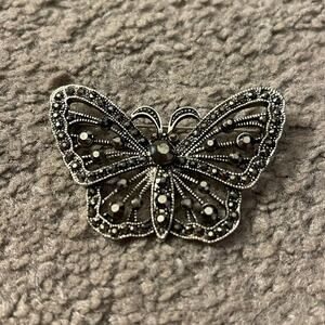 Gray and Silver Embellished Multifaceted Gemstone Butterfly Pin